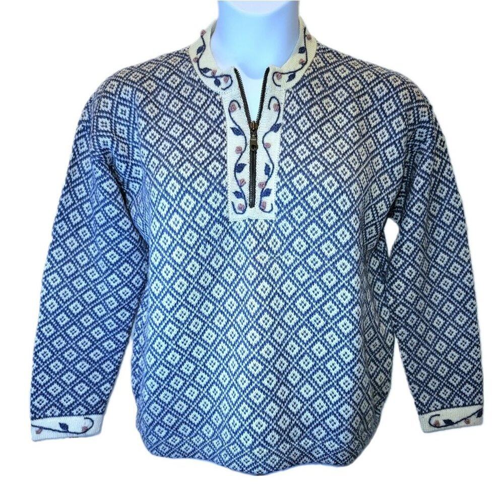 Women's Blue & White Patterned Cowl Sweater